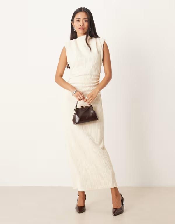 エイソス レディース トップス ワンピース ミディワンピース ギャザー ミディ ノースリーブ ASOS DESIGN boucl sleeveless shoulder pads ruched midi dress in neutral NEUTRAL