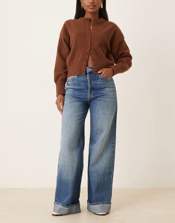 マンゴ レディース ボトムス デニムパンツ ワイドレッグ コットン Mango cotton wide leg turn up jean in medium BLUE ブルー