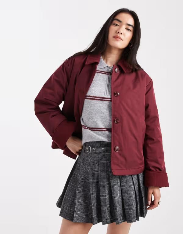 ピーシーズ レディース アウター ジャケット・ブルゾン コーデュロイ ジャケット Pieces short jacket with corduroy collar detail Tawny port バーガンディ