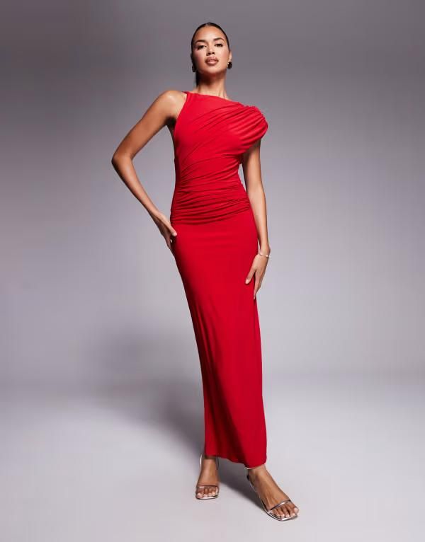 エイソス レディース トップス ワンピース マキシワンピース マキシ ASOS DESIGN slinky maxi dress with shoulder pad and sculpted seams Red レッド