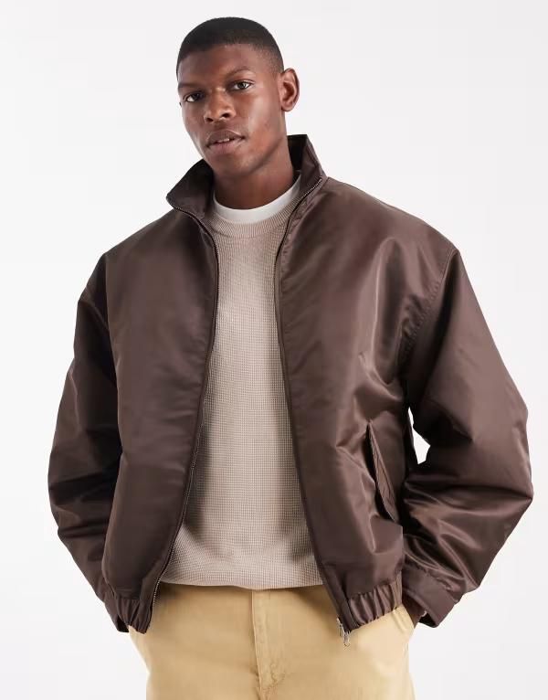 エイソス メンズ アウター ジャケット・ブルゾン スタンドネック ジャケット ASOS DESIGN oversized bomber jacket with funnel neck BROWN ブラウン