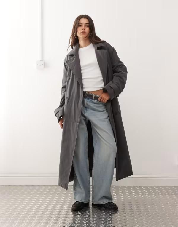 ウィークデイ レディース アウター コート Weekday oversized padded trench coat in dark Dark gray グレー