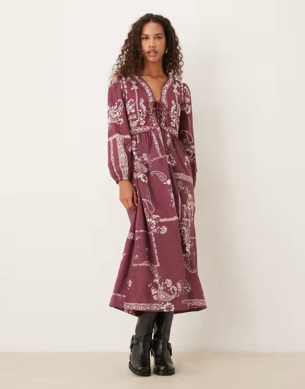 ノーバディーズ チャイルド レディース トップス ワンピース ミディワンピース プリント ミディ ベスト Nobodys Child Monroe vest midi dress paisley print Burgundy バーガンディ