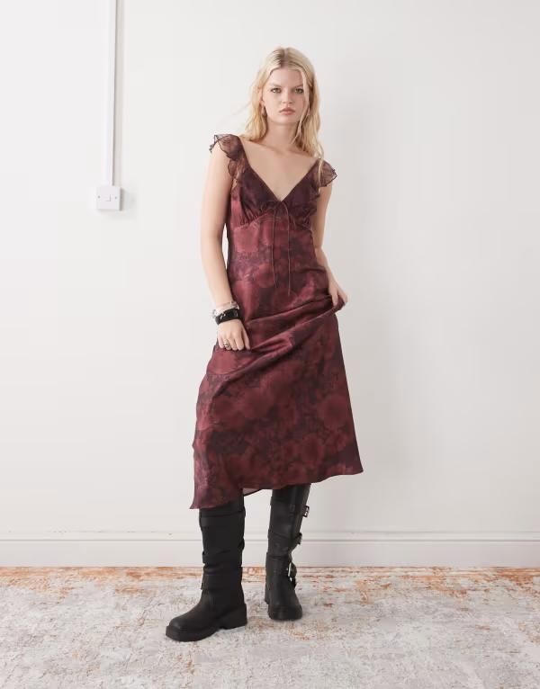 リクレイム ヴィンテージ レディース トップス ワンピース フラワー柄 プリント レース マキシ フラワー Reclaimed Vintage maxi cami day dress with flutter lace sleeves red floral p