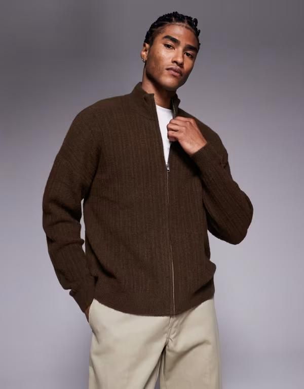 エイソス メンズ アウター カーディガン フルジップ スタンドネック ニット ASOS DESIGN oversized knit zip through funnel neck cardigan BROWN ブラウン