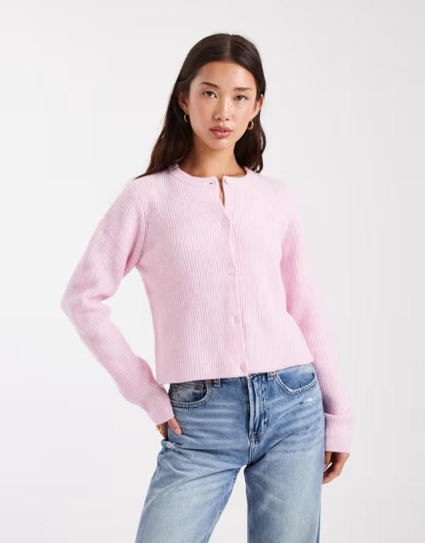ピーシーズ レディース アウター カーディガン ニット Pieces soft knit long sleeve cardigan in rose Roseate spoonbill ピンク