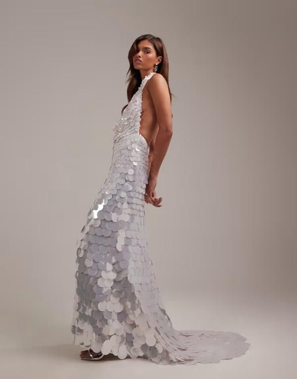 エイソス レディース トップス ワンピースパンコール マキシ ホルター ASOS DESIGN large paillette sequins plunge halter neck wedding maxi dress White ホワイト｜詳細画像