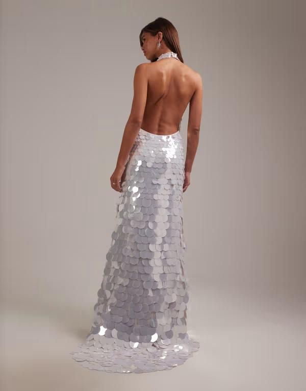 エイソス レディース トップス ワンピースパンコール マキシ ホルター ASOS DESIGN large paillette sequins plunge halter neck wedding maxi dress White ホワイト｜その他