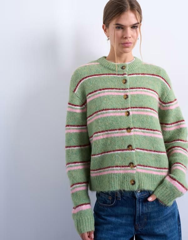 トップショップ レディース アウター カーディガン ニット Topshop knit multistriped cardigan Green グリーン