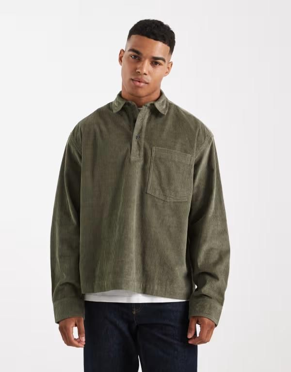 エイソス メンズ トップス シャツ ASOS DESIGN oversized overhead cord shirt with patch pocket GREEN グリーン