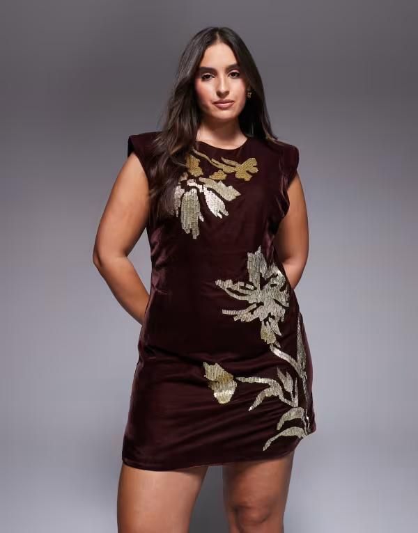 エイソス レディース トップス ワンピース ミニワンピース フラワー柄 ミニ ベルベット フラワー ASOS Curve ASOS DESIGN Curve velvet shoulder pad mini dress with floral embellis