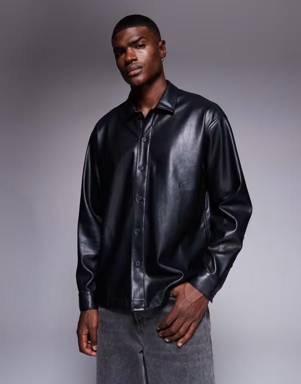 エイソス メンズ トップス シャツ レザー フェイクレザー ASOS DESIGN oversized faux leather shirt Black ブラック