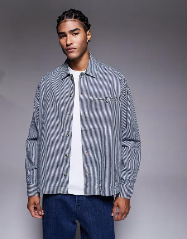 エイソス メンズ トップス シャツ デニム ASOS DESIGN oversized striped denim shirt BLUE ブルー