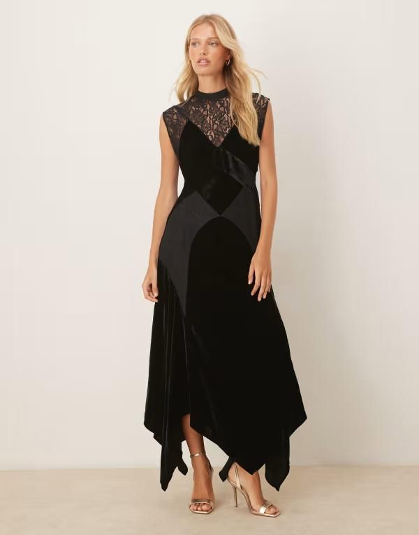 エイソス レディース トップス ワンピース マキシワンピース ベルベット レース マキシ ASOS DESIGN velvet and lace mix maxi dress with handkerchief hem Black ブラック