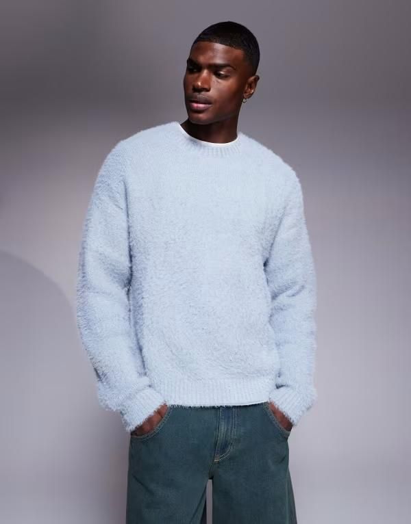 エイソス メンズ アウター ニット・セーター クルーネック セーター ニット ASOS DESIGN relaxed fluffy knit crew neck sweater BLUE ブルー