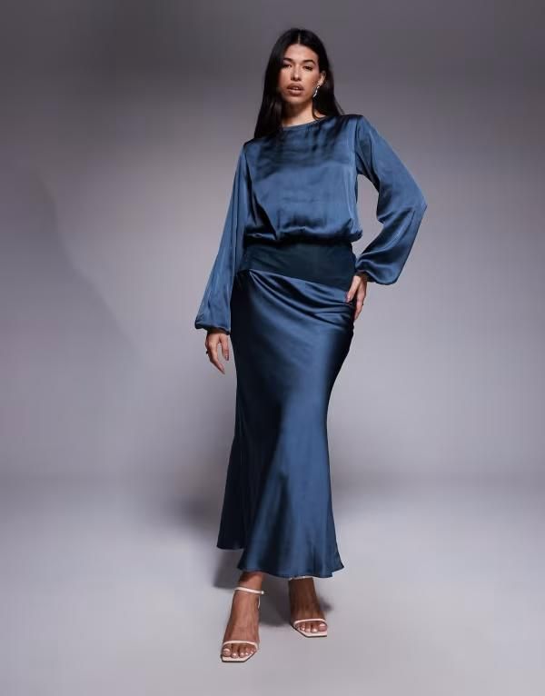 エイソス レディース トップス ワンピース マキシワンピース ベルベット サテン マキシ ASOS DESIGN satin slash neck velvet paneled maxi dress BLUE ブルー