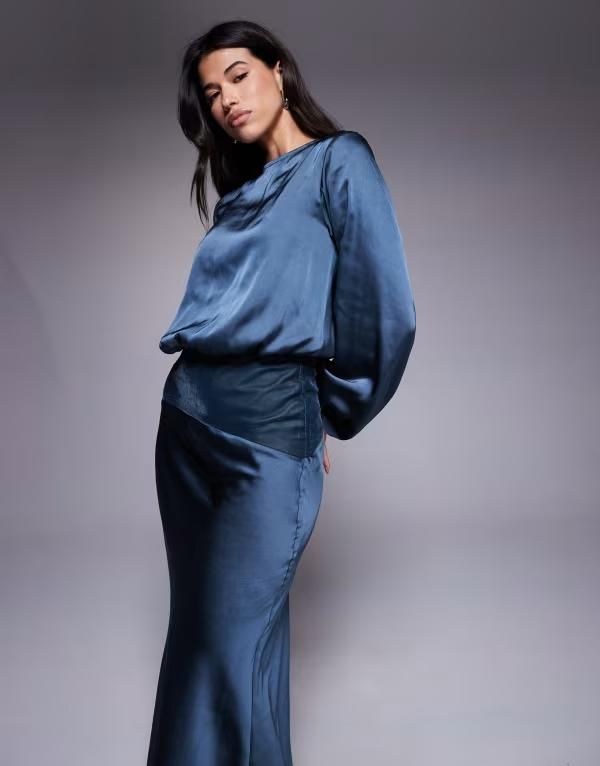 エイソス レディース トップス ワンピース マキシワンピース ベルベット サテン マキシ ASOS DESIGN satin slash neck velvet paneled maxi dress BLUE ブルー