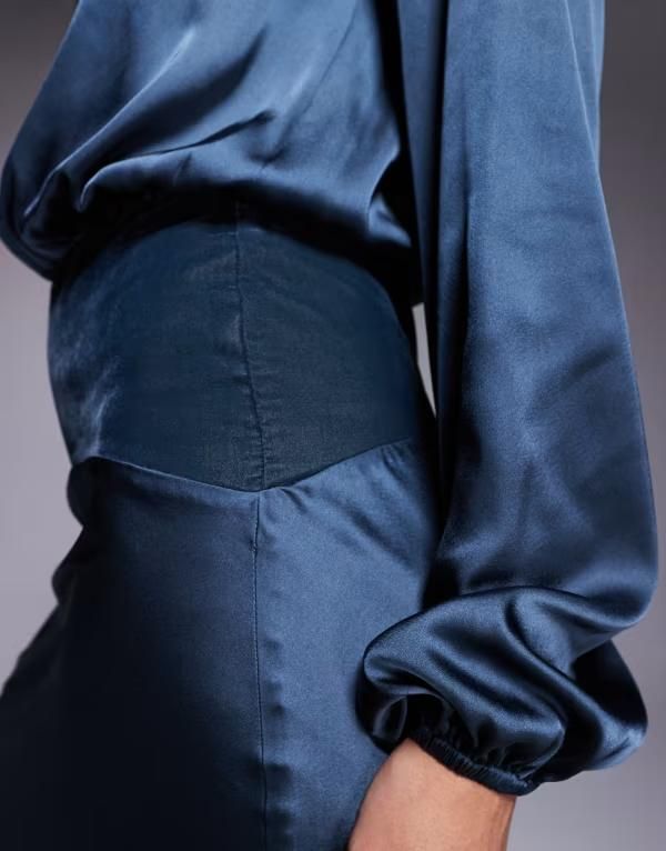 エイソス レディース トップス ワンピース マキシワンピース ベルベット サテン マキシ ASOS DESIGN satin slash neck velvet paneled maxi dress BLUE ブルー