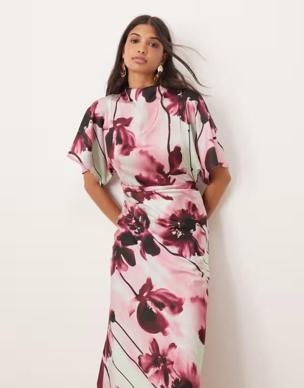エイソス レディース トップス ワンピース ハイネック マキシワンピース フラワー柄 プリント サテン マキシ フラワー ASOS DESIGN satin high neck blouson maxi dress with flutter sleeve in