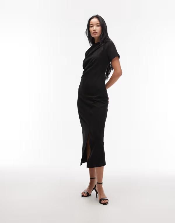 アンドアザーストーリーズ レディース トップス ワンピース ドレープ フロントスリット Other Stories short sleeve drape twist midaxi dress with front slit Black ブラック