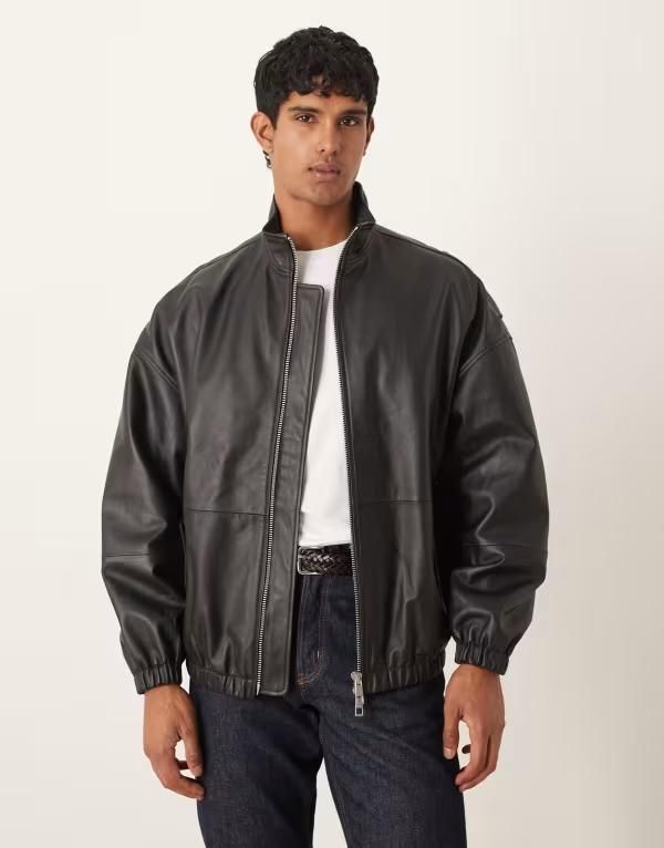 エイソス メンズ アウター ジャケット・ブルゾン レザー ジャケット ASOS DESIGN real leather oversized track jacket Black ブラック