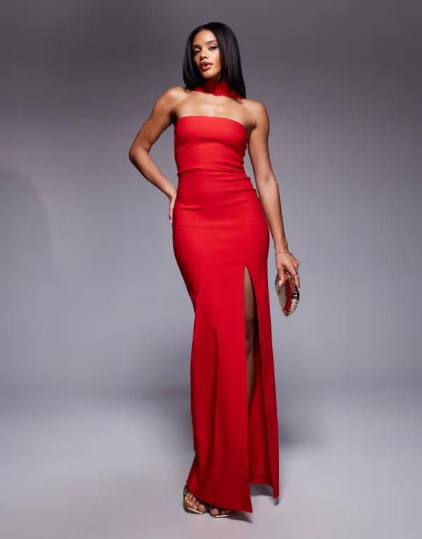 ベスパー レディース トップス ワンピース サイドスリット マキシワンピース マキシ Vesper bengaline choker neck detail bandeau side slit maxi dress RED レッド