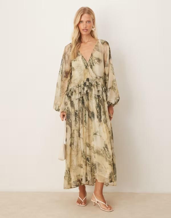 エイソス レディース トップス ワンピース Vネック ミディワンピース プリント フリル ミディ ASOS DESIGN v neck smock midi dress with ruffles abstract print GREEN ABSTRACT PR