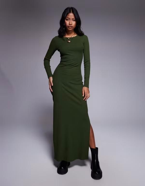 エイソス レディース トップス ワンピース マキシワンピース リブ マキシ ASOS DESIGN ribbed maxi dress with split Khaki カーキ