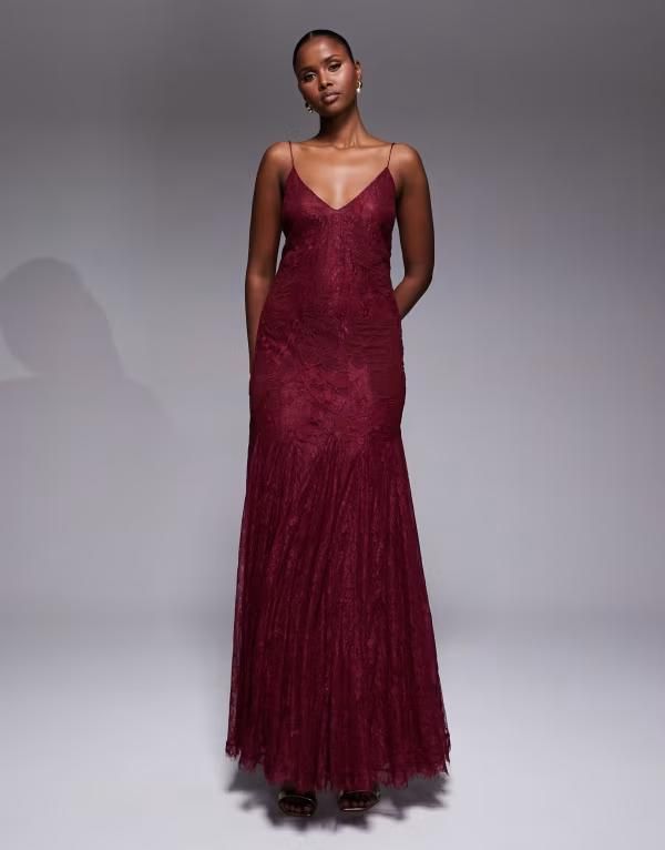 エイソス レディース トップス ワンピース マキシワンピース フラワー柄 刺繍 レース マキシ フラワー ASOS DESIGN floral embroidered lace maxi dress with godet hem Burgundy バーガンディ