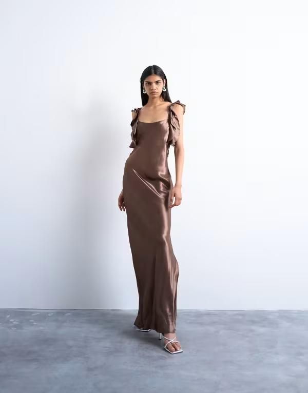 トップショップ レディース トップス ワンピース フリル サテン Topshop ruffle shoulder satin slip dress in chocolate Chocolate チョコレート