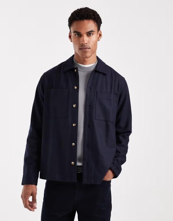 エイソス メンズ トップス シャツ ウール ASOS DESIGN wool mix overshirt NAVY ネイビー