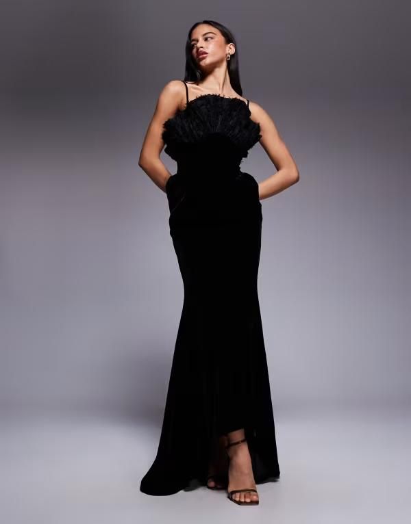 エイソス レディース トップス ワンピース マキシワンピース ベルベット マキシ ASOS DESIGN premium velvet maxi dress with textured fan detail bodice black ブラック