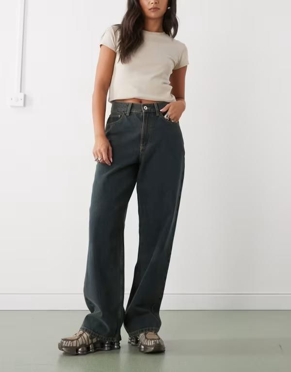 コルージョン レディース ボトムス デニムパンツ ジーンズ COLLUSION X001 antifit mid rise jeans in dark green wash Green Cast グリーン