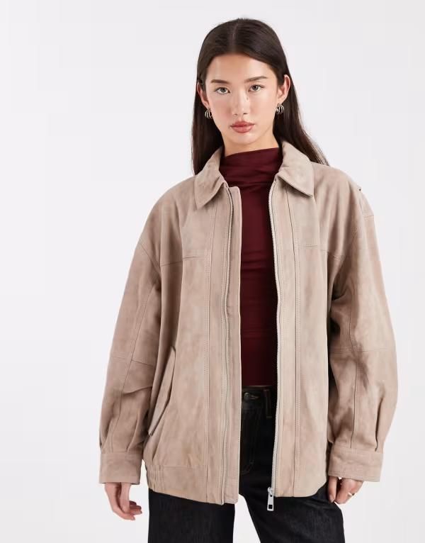 エイソス レディース アウター ジャケット・ブルゾン スエード ジャケット ASOS DESIGN real suede harrington bomber jacket Gray グレー