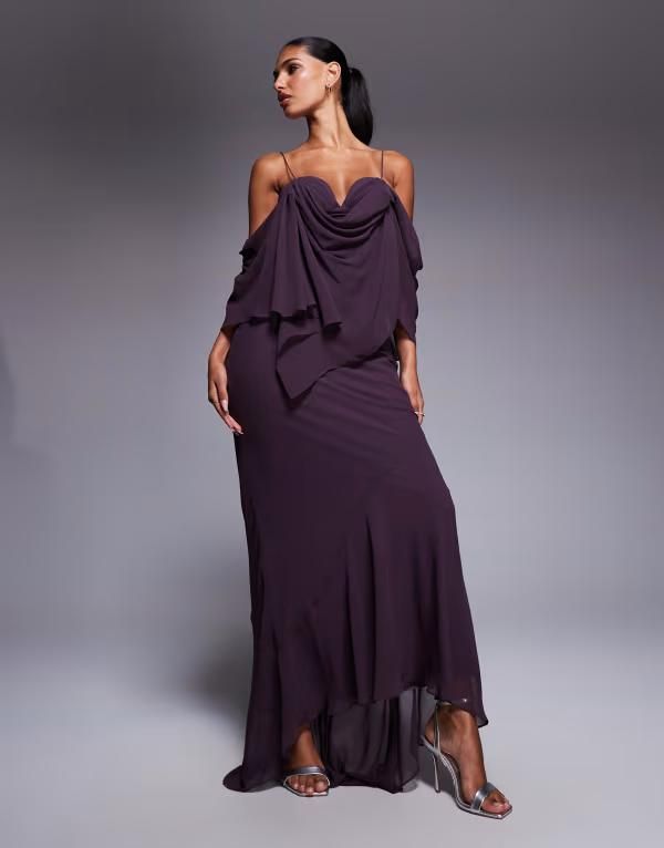 エイソス レディース トップス ワンピース シフォン マキシワンピース ドレープ マキシ ASOS DESIGN chiffon double layer bias maxi dress with drape bust cup detail in plum P
