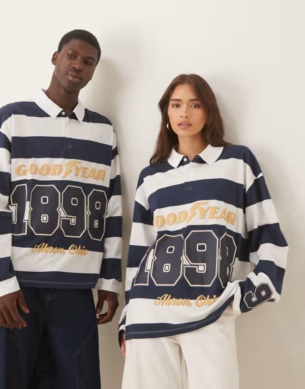 エイソス メンズ トップス Tシャツ ポロシャツ プリント シャツ ASOS DESIGN Unisex oversized long sleeve polo shirt with Goodyear prints and white stripes NAVY