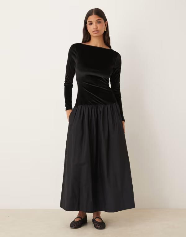 エイソス レディース トップス ワンピース マキシワンピース ベルベット スカート マキシ ASOS DESIGN velvet hybrid maxi dress with poplin skirt in midnight Midnight black ブラ