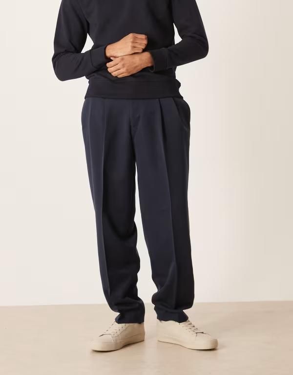 エイソス メンズ ボトムス カジュアルパンツ パンツ ASOS DESIGN oversized tapered dress pants with thin belt with elastic waist NAVY ネイビー
