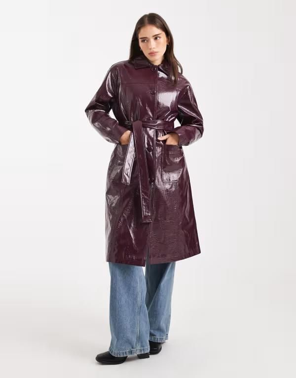 ミスセルフフリッジ レディース アウター コート レザー フェイクレザー Miss Selfridge vinyl faux leather trench in plum Plum プラム