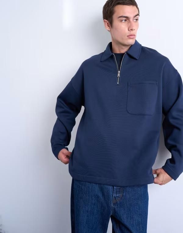 トップマン メンズ アウター ニット・セーター オーバーサイズフィット ポロシャツ Topman premium oversized fit 14 zip polo shirt NAVY ネイビー 9,735円