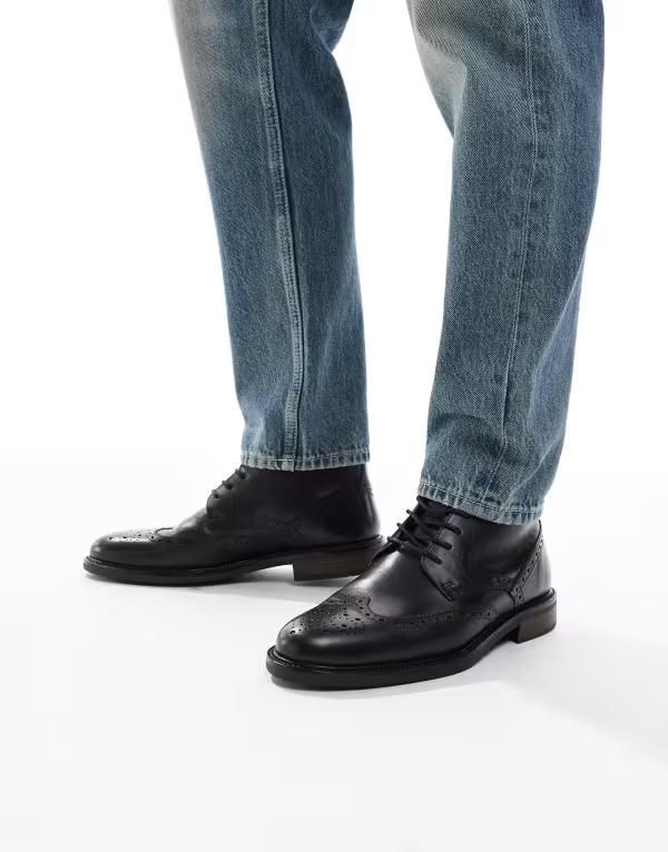 エイソス メンズ シューズ ブーツ・レインブーツ ブローグ ブーツ レース レザー ASOS DESIGN brogue laceup boots leather Black ブラック