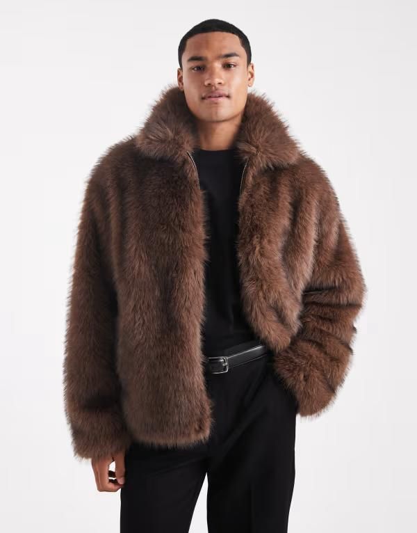 エイソス メンズ アウター ジャケット・ブルゾン ジャケット ASOS DESIGN faux fur harrington jacket BROWN ブラウン