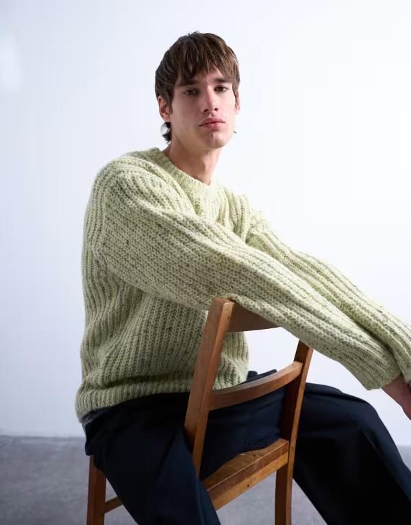 トップマン メンズ アウター ニット・セーター リラックスフィット セーター ニット Topman relaxed fit knit sweater with nep LIGHT GREEN グリーン