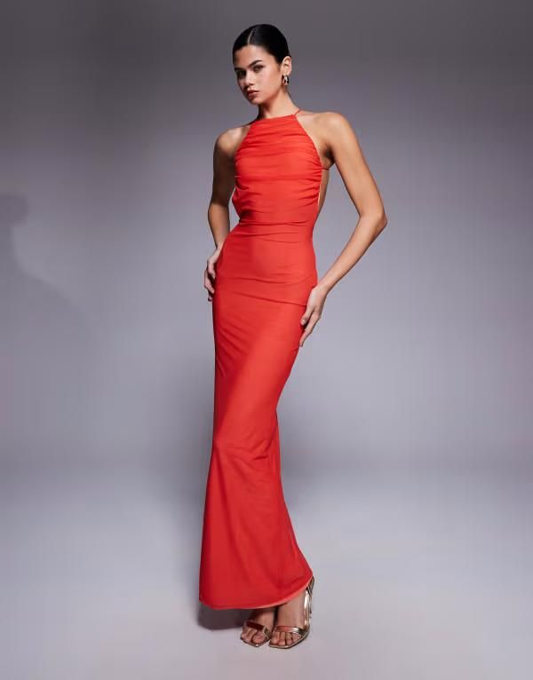 エイソス レディース トップス ワンピース マキシワンピース メッシュ マキシ ホルター ASOS DESIGN mesh halterneck strap back with trim maxi dress in coral Coral コーラル