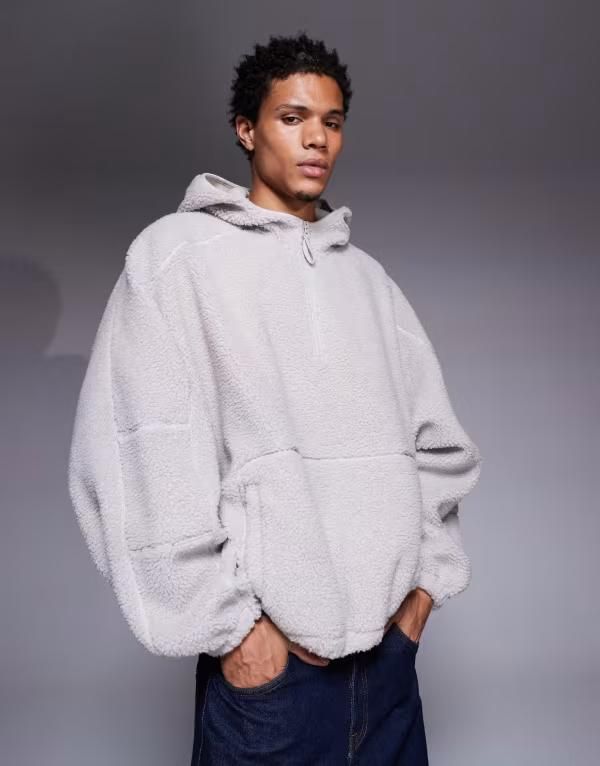 エイソス メンズ アウター パーカー・スウェット ハーフジップ スタンドネック フリース パーカー ASOS DESIGN extreme oversized quarter zip funnel neck hoodie in fleece Gray Viol
