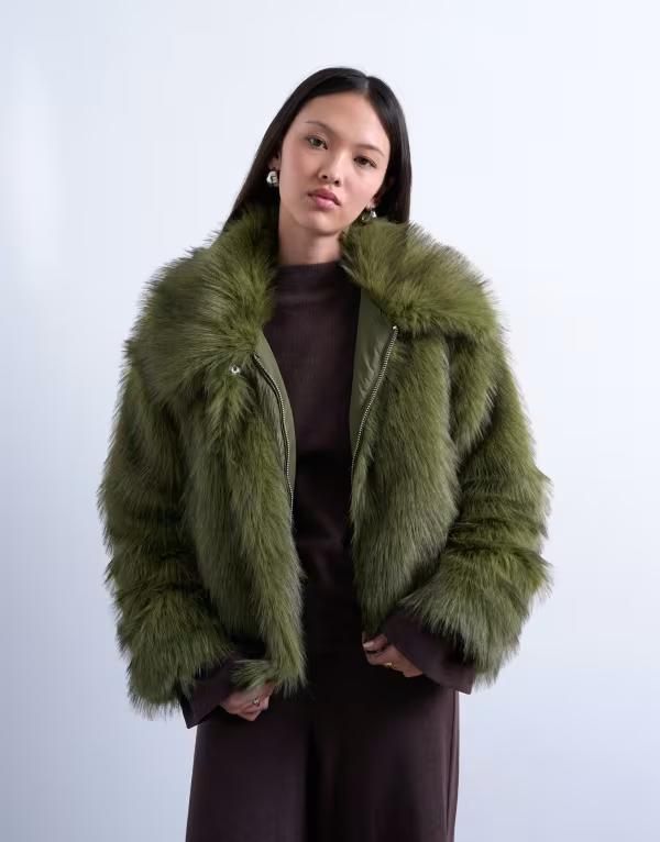 トップショップ レディース アウター ジャケット・ブルゾン ジャケット Topshop faux fur zip up bomber jacket in olive Olive オリーブ