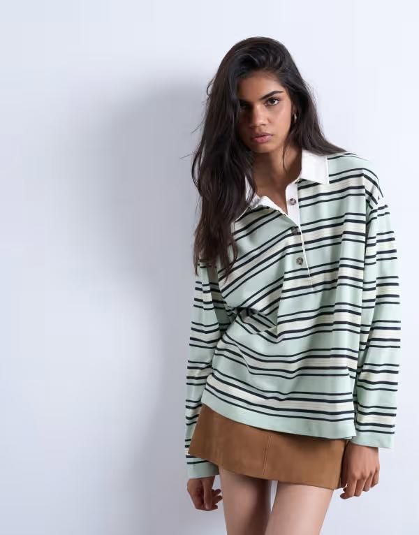 トップショップ レディース トップス ポロシャツ ジャージー Topshop jersey stripe rugby long sleeve polo in pistachio Green グリーン