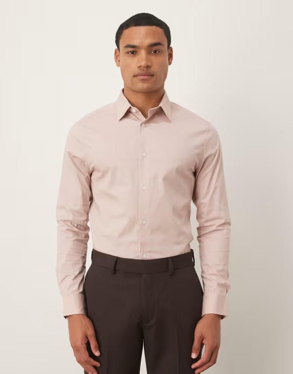 エイソス メンズ トップス シャツ ASOS DESIGN skinny stretch work shirt in light PINK ピンク
