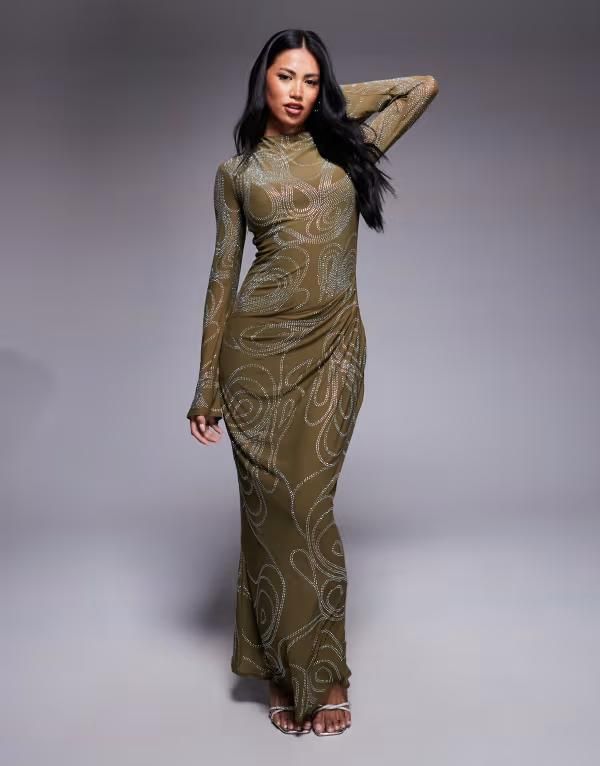 エイソス レディース トップス ワンピース マキシワンピース ギャザー スカート マキシ ASOS DESIGN embellished artwork hotfix long sleeve maxi dress with ruched skirt in da