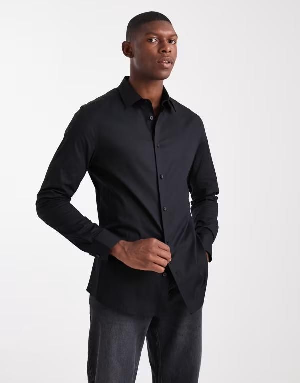 エイソス メンズ トップス シャツ ASOS DESIGN skinny stretch work shirt Black ブラック